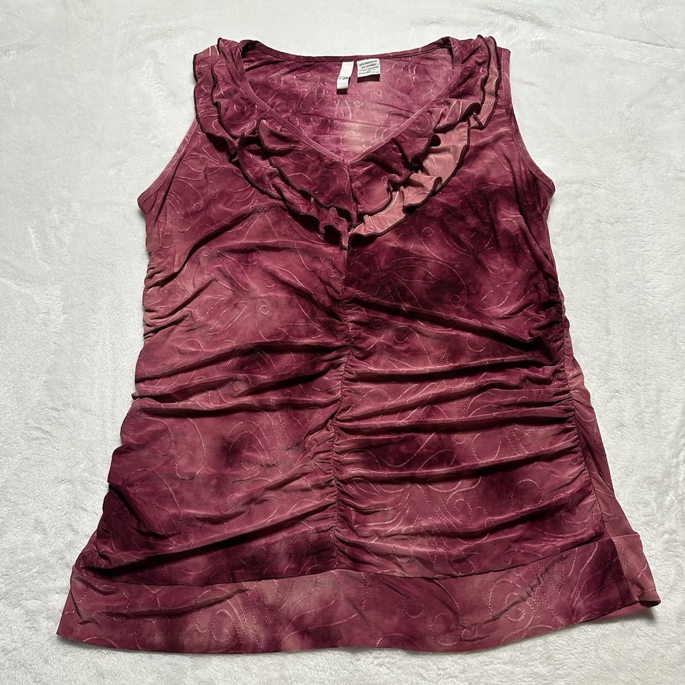 Y2K Burgundy Sheer Ruffle Tank Top Womens M Ruched Boho Fairy Romantic Coquette